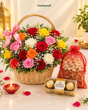25 Mix Roses Basket with Rocher & Nuts Diwali Hamper