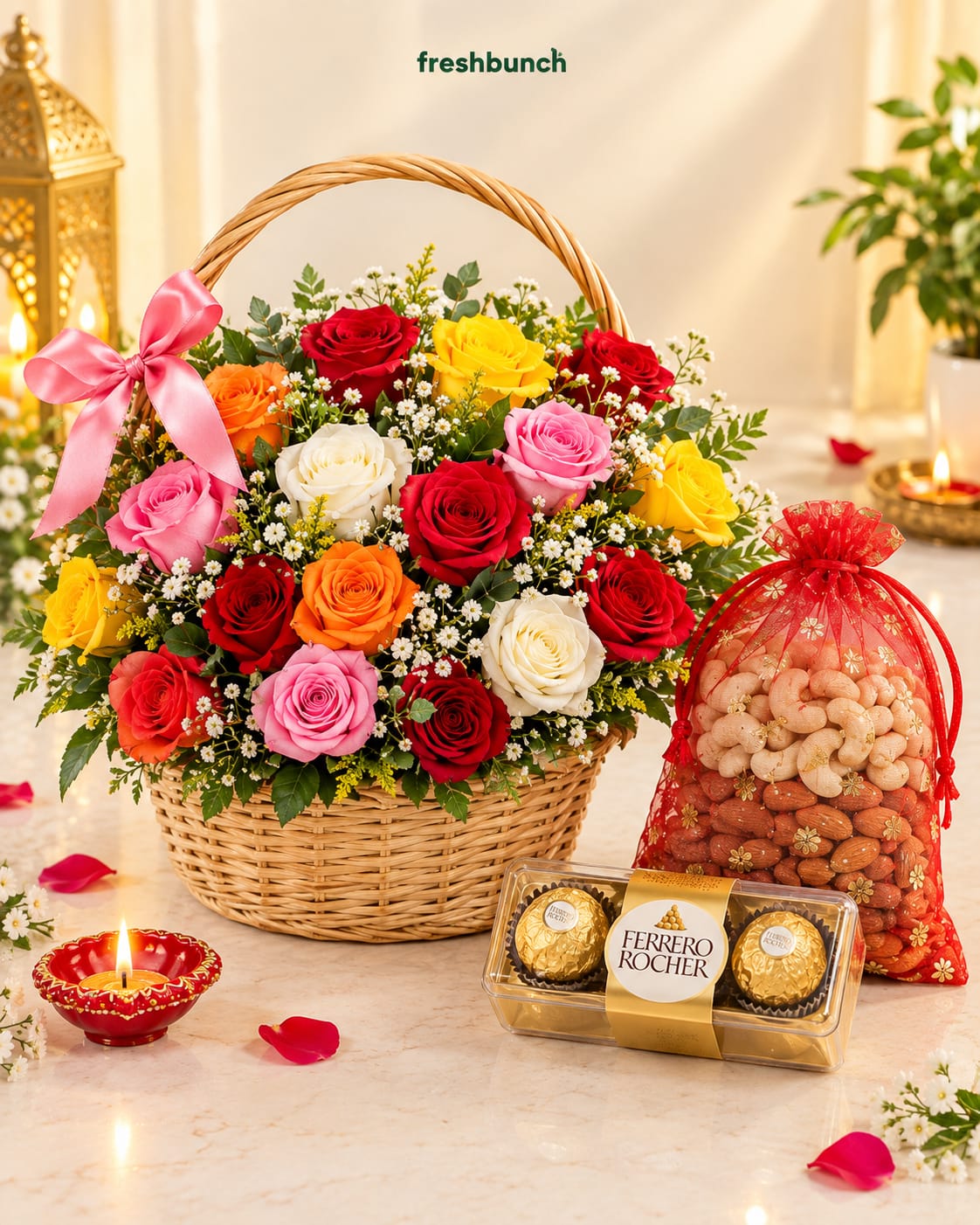 25 Mix Roses Basket with Rocher & Nuts Diwali Hamper