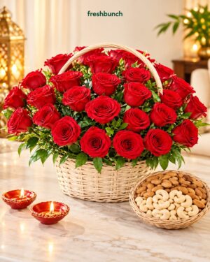 30 Red Roses Basket with Dry Fruits & Diyas