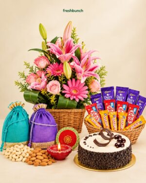 Grand Floral Basket with Cake, Chocolates, Nuts & Diyas