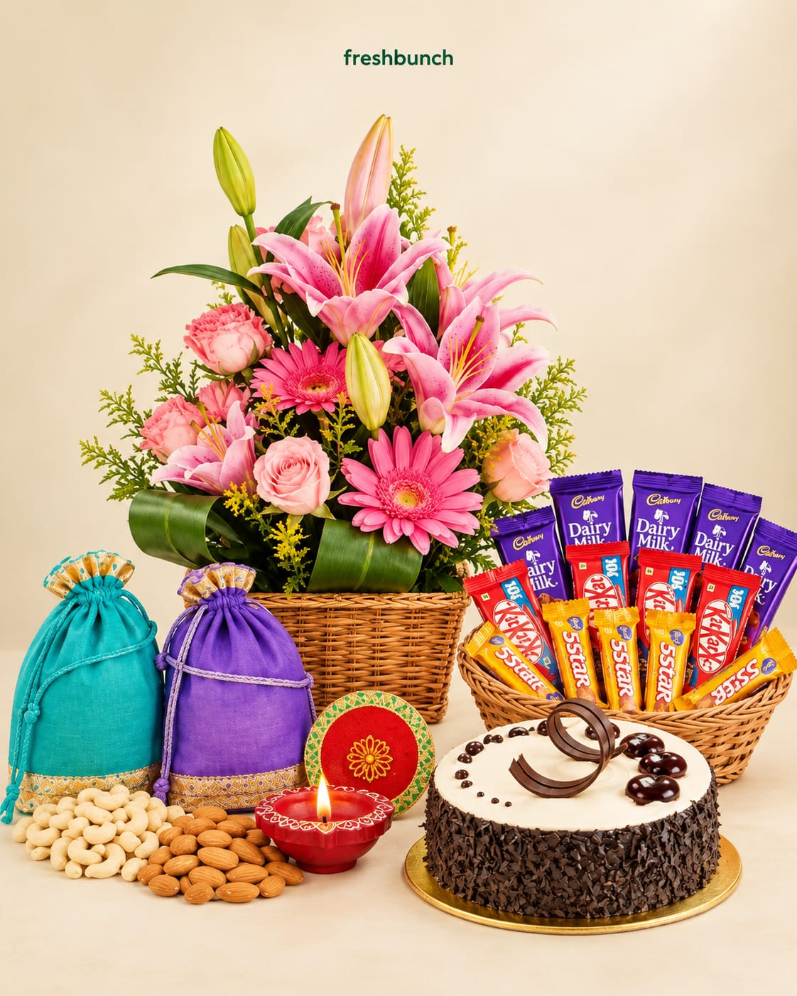 Grand Floral Basket with Cake, Chocolates, Nuts & Diyas