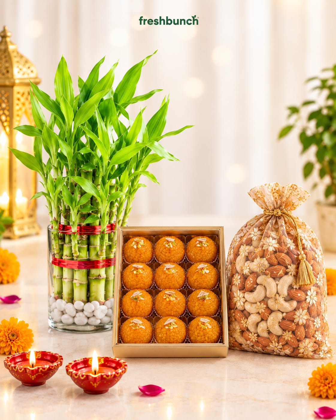 Lucky Bamboo, Motichoor Motis & Dry Fruits Diwali Combo