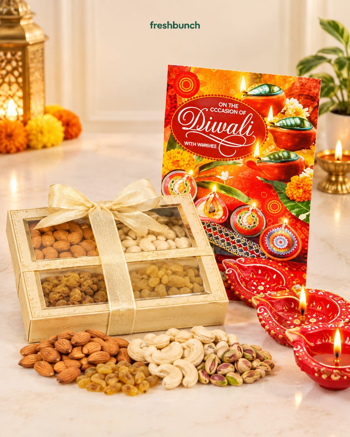 Four-Nut Dry Fruit Feast, Card & Diyas Combo