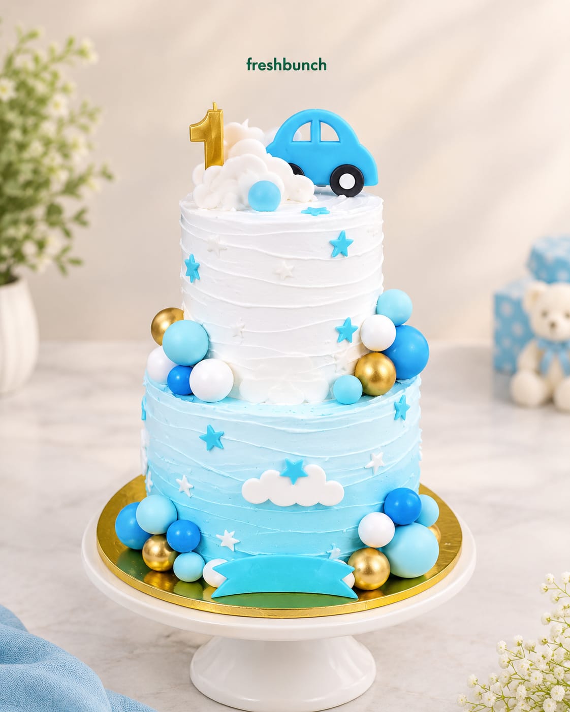 Blue Cloud 2-Tier Birthday Kids Cake
