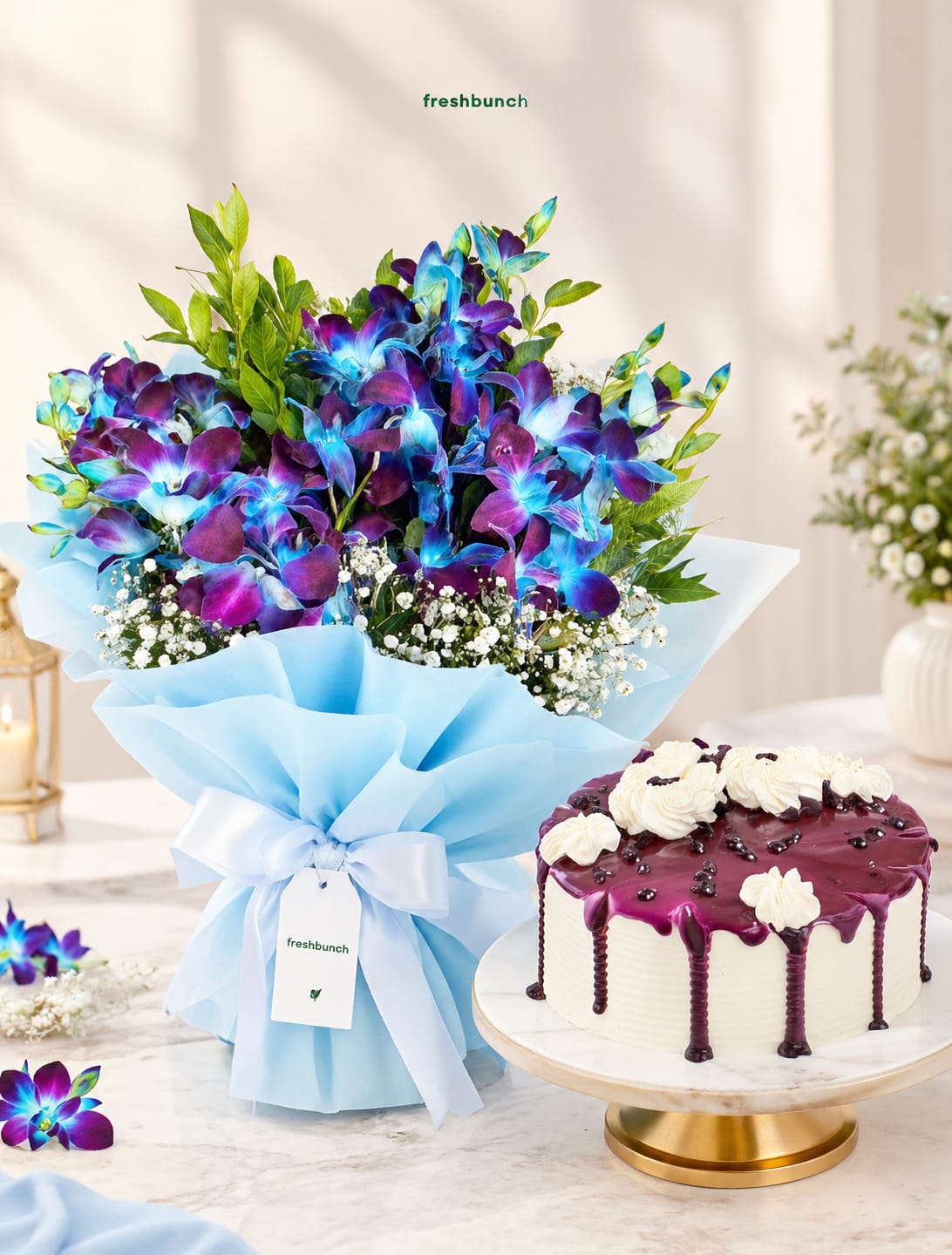 Blue Orchid Bouquet & Blueberry Cake Combo