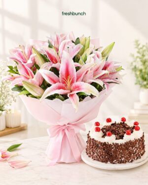 Pink Lily Bouquet & Black Forest Cake Combo