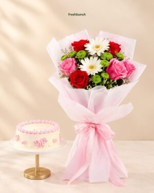 Mixed Flower Bouquet & Vanilla Cake Combo