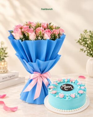 Pink Rose Bouquet & Pineapple Cake Combo