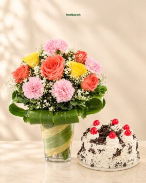 Carnation Rose Glass Vase Arrangement & Black Forest Cake