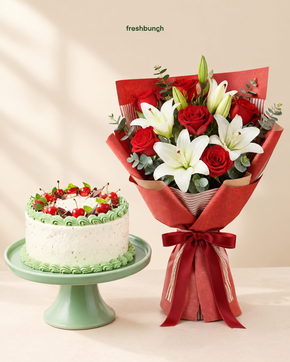Red Rose & White Lily Bouquet with Vanilla Cake