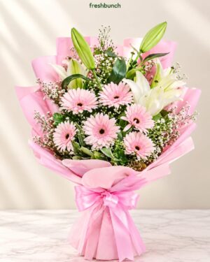 Blushing Pink Gerbera & White Lily Bouquet