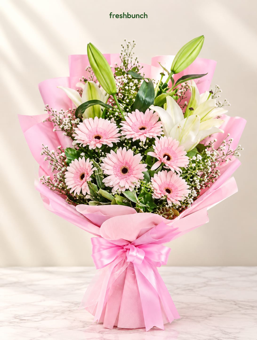 Blushing Pink Gerbera & White Lily Bouquet